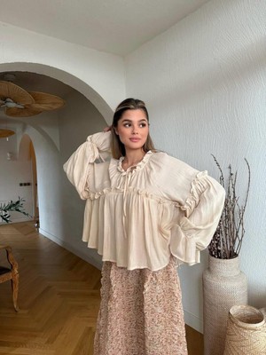 Cardella Floss Viskon Dökümlü Fırfırlı Oversize Kadın Gömlek Bluz
