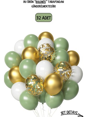 Feyza Design Küf Yeşili Krom Gold ve Beyaz Şeffaf Balon Seti, 11 Inç, Şık ve Renkli Dekorasyon