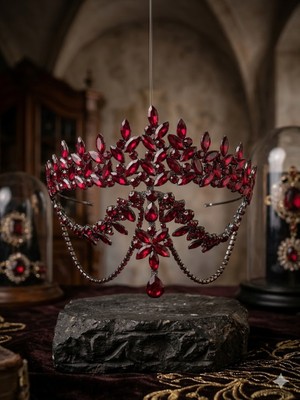 Diba Avm Bordo Taşlı Alınlıklı Gelin Tacı Bordo Gelin Tacı Alınlıklı Taç Bindallı Alınlığı Kaftan Tacı Bordo Alınlıklı Kına Tacı Hint Modeli Kına ve Nişan Tacı - Özel Tasarım Lüks Bordo Saç Aksesuarı