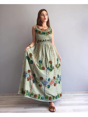Fibula Otantik ve Bohem Işlemeli %95 Pamuk Standart Beden Ithal Maxi Elbise 36-46 Bedeler Arası Olur