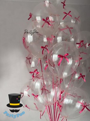 Feyza Design Fuşya Pembe Fiyonk Kurdeleli Şeffaf Balon Seti 10'lu