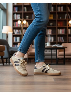 KAFKASLAR AYAKKABI Yeni Model Düz Taban Sneaker Kum Renk Kadın Spor Ayakkabı