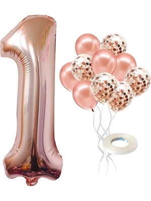 Feyza Design 1 Yaş Rose Gold Rakam Balon Konfetili Balon Seti