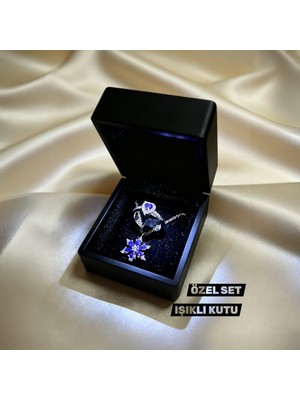 Generic Işıklı Özel Kutulu Mor Lotus Çiçeği ve Kalp Takı Seti Gümüş Kaplama Paslanmaz Çelik Özel Set Hediye