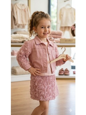 Ecolkız Kız Çocuk Özel Tasarım Gül Nakışlı Takım - Pembe Kot Ceket & Şık Etek Kombini