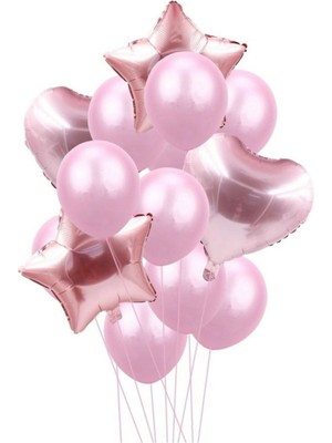 Feyza Design Pembe Kalp Yıldız Balon Seti - Şişirilebilir Folyo Balonlar