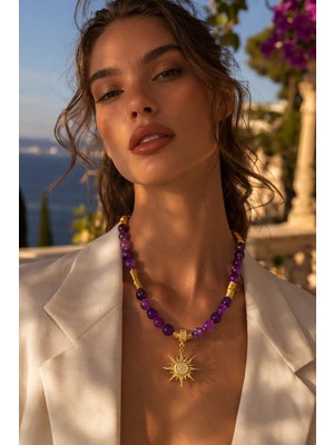 Solare Accessories Mercan ve Hematit Taşlı Güneş Figürlü Kolye – Doğal Taş Kadın Kolye