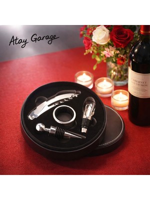 Feyza Design 4 Parça Şarap Açacağı Tirbuşon Seti, Şık Deri Kutulu, Zarif Tasarım