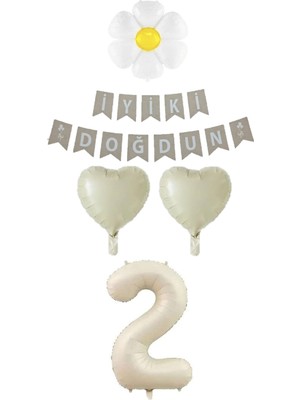 Feyza Design 2 Yaş Papatyalı Rakam Kalp Folyo Balon Doğum Günü Seti
