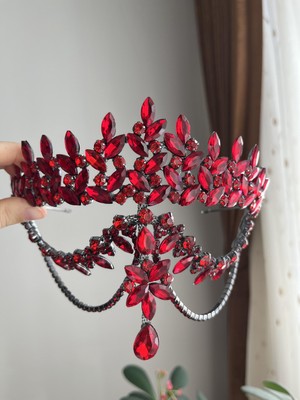 Diba Avm Kırmızı Taşlı Alınlıklı Gelin Tacı Kırmızı Alınlıklı Taç Bindallı Tacı Bindallı Alınlığı Kına Gecesi Taç Hint Modeli Kına ve Nişan Tacı - Özel Tasarım Kırmızı Lüks Saç Aksesuarı