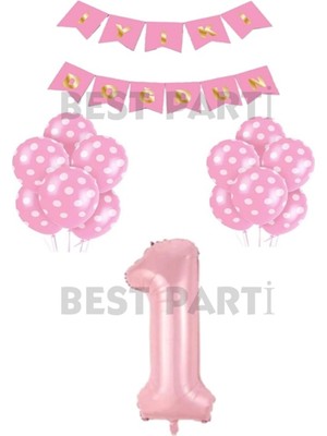 Feyza Design Iyi Ki Doğdun Yazılı Pembe Renk Puanlı Balon ve Rakam Seti Yaş 1