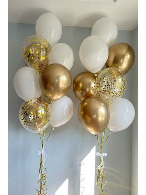 Feyza Design 20'li Beyaz Şeffaf Gold Pullu Gold Krom Uçan Balon Seti (12 Inç)