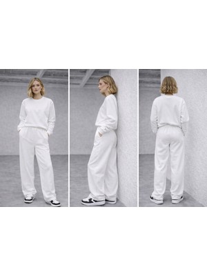 Kaktüs Moda Kadın Beyaz Basic Eşofman Altı Rahat Kalıp Günlük Jogger 3 Iplik
