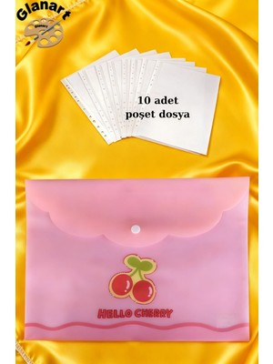 Glanart A4 Boy Çıt Çıt  Ödev Dosyası +10\' Lu Poşet Dosya  Pastel Renkler Pembe Kiraz Desen
