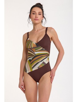 Argento Kadın Kahve Desenli Sabit Ince Kaplı Ayarlanabilir Askılı Toparlayıcı Kruvaze Mayo