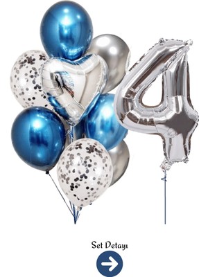 Feyza Design 4 Yaş Gümüş Rakam Mavi Gümüş Balon Seti