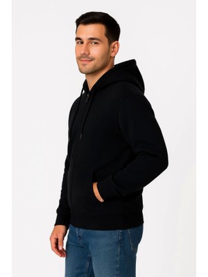 Sidelya Concept Erkek Üç Iplik Kapüşonlu Tam Fermuarlı Kanguru Çepli Sweatshirt Hoodie - Siyah