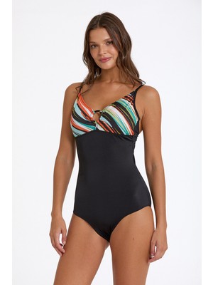 Argento Kadın Siyah Desenli Halka Detaylı Sabit Ince Kaplı Ayarlanabilir Üçgen Askılı Mayo