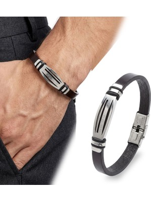 Fm 💎 Premium Motifli Ayarlanabilir Kordonlu Erkek Deri Ve Çelik Bileklik 31834B23DD1 - 23 cm
