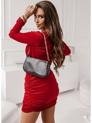 Munn Collection Kadın Uzun Kollu Kruvaze Yaka Yandan Büzgülü Mini Ithal Krep Elbise