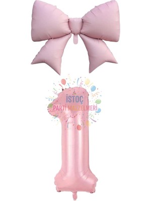 Feyza Design Pembe Renk Fiyonk Rakam Folyo Balon Seti Yaş 1