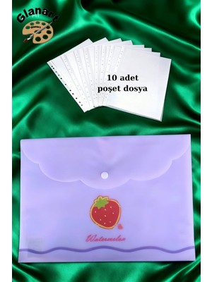 Glanart A4 Boy Çıt Çıt  Ödev Dosyası +10\' Lu Poşet Dosya  Pastel Renkler Lila Çilek Desen