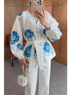 BRTC Design Kadın Mavi Çiçek Nakışlı Balonkol Gömlek