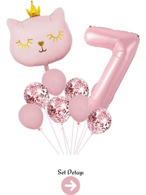 Feyza Design 7 Yaş Retro Pembe Kedi Konfeti Temalı Balon Seti