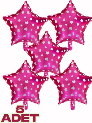 Feyza Design Kalp Desenli Pembe Yıldız Folyo Balon 5 Adet Sevgili ve Özel Günler