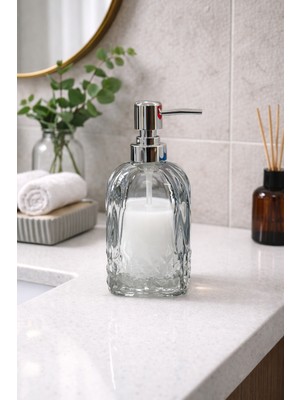 Padilon 500 ml Cam Sıvı Sabunluk Krom Başlıklı Şeffaf Cam Sabun Dispenseri, Banyo Mutfak Tezgah Üstü