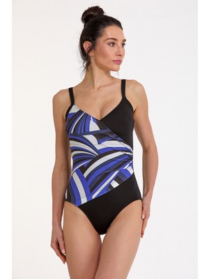 Argento Kadın Siyah Desenli Sabit Ince Kaplı Ayarlanabilir Askılı Toparlayıcı Kruvaze Mayo