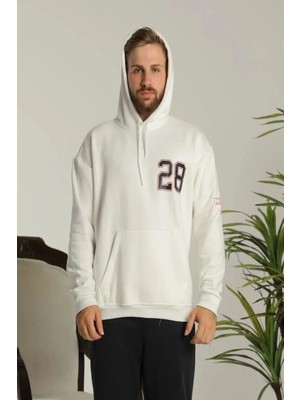 Erkek Sırt Baskılı Oversize Üç Iplik Kapüşonlu Sweatshirt - Beyaz