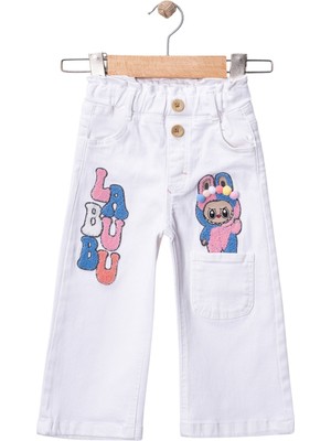 Mini Trends Kız Çocuk Pantolon Gabardin Beyaz Labubu