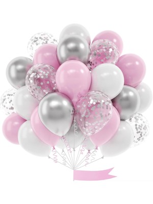 Feyza Design 40 Adet Pembe Gümüş Şeffaf Balon Pulu Balon Seti