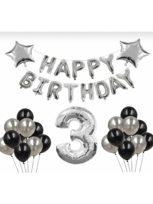 Feyza Design Gümüş Renkli 3 Yaş Happy Birthday Folyo Balonlu Yıldızlı Set