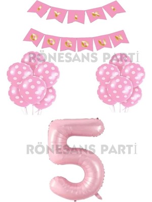 Feyza Design Iyi Doğdun Yazılı Pembe Renk Puanlı Balon ve Rakam Seti Yaş 5