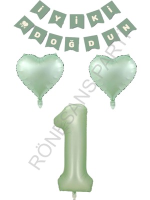 Feyza Design Yeşil Renk Rakam Kalp Banner Doğum Günü Seti Yaş-1