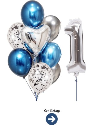 Feyza Design 1 Yaş Gümüş Rakam Mavi Gümüş Balon Seti