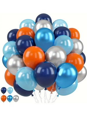 Feyza Design 50'lik Metalik Gümüş, Lacivert, Açık Mavi ve Turuncu Renkli Latex Balonlar ve Balon Zinciri