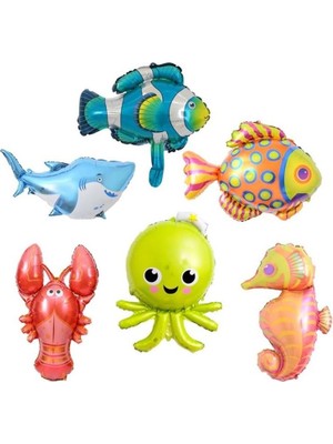 Feyza Design Mavi 6'lı Folyo Okyanus Canlıları Balon Seti 30 cm