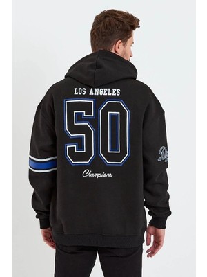 Erkek Baskılı Kapşonlu Üç Iplik Oversize Sweatshirt - Siyah