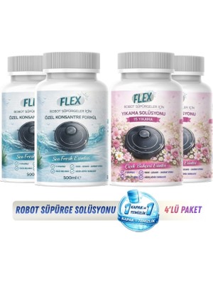 Flex Robot Süpürge Yüzey Temizleme Solüsyonu 500 ml X4 Adet | Moplu Robotlar ile Uyumlu | Düşük Köpük | Iz Yapmaz - Okyanus ve Kar Çiçeği Parfümlü -
