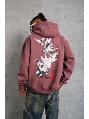 Tarz Yeri Erkek Şapkalı Güvercin Baskılı  Üç Iplik Pamuklu Kapşonlu Sweat - Gül Kurusu