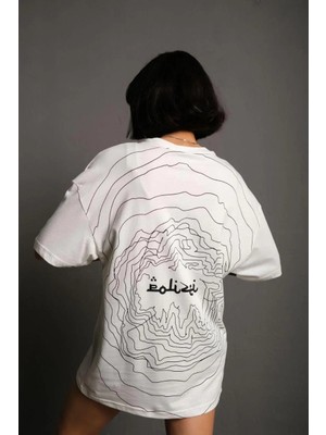 Tarz Yeri Kadın Bisiklet Yakalı Sırt Baskılı  kısa Kol Oversize T-Shirt - Beyaz