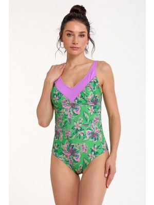 Argento Kadın Yeşil Çiçek Desenli Sırt Tan Bağlamalı Ince Kaplı Toparlayıcı V Yaka Mayo