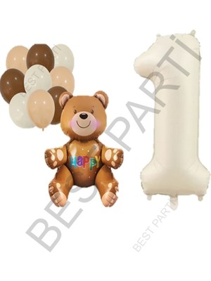 Feyza Design Bej Rakam Ayı Folyo ve Latex Balon Seti Yaş 1