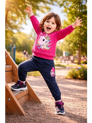 Almira Anne Bebek Rahat Kız Çocuk Takım Pembe Lacivert Unicorn Desenli