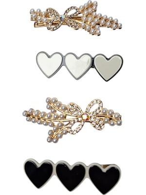 Spteks Kadın Incili Taşlı Kelebek Model Sıralı Kalp Model Siyah Beyaz Renk 4 Lü Set Metal Pens Toka