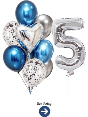 Feyza Design 5 Yaş Gümüş Rakam Mavi Gümüş Balon Seti