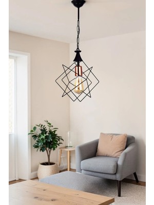 Özbak Avize Prizma Tekli Avize Siyah – Modern Metal Sarkıt, Turuncu Detaylı Duy, Zincirli Gövde, E27 Duylu